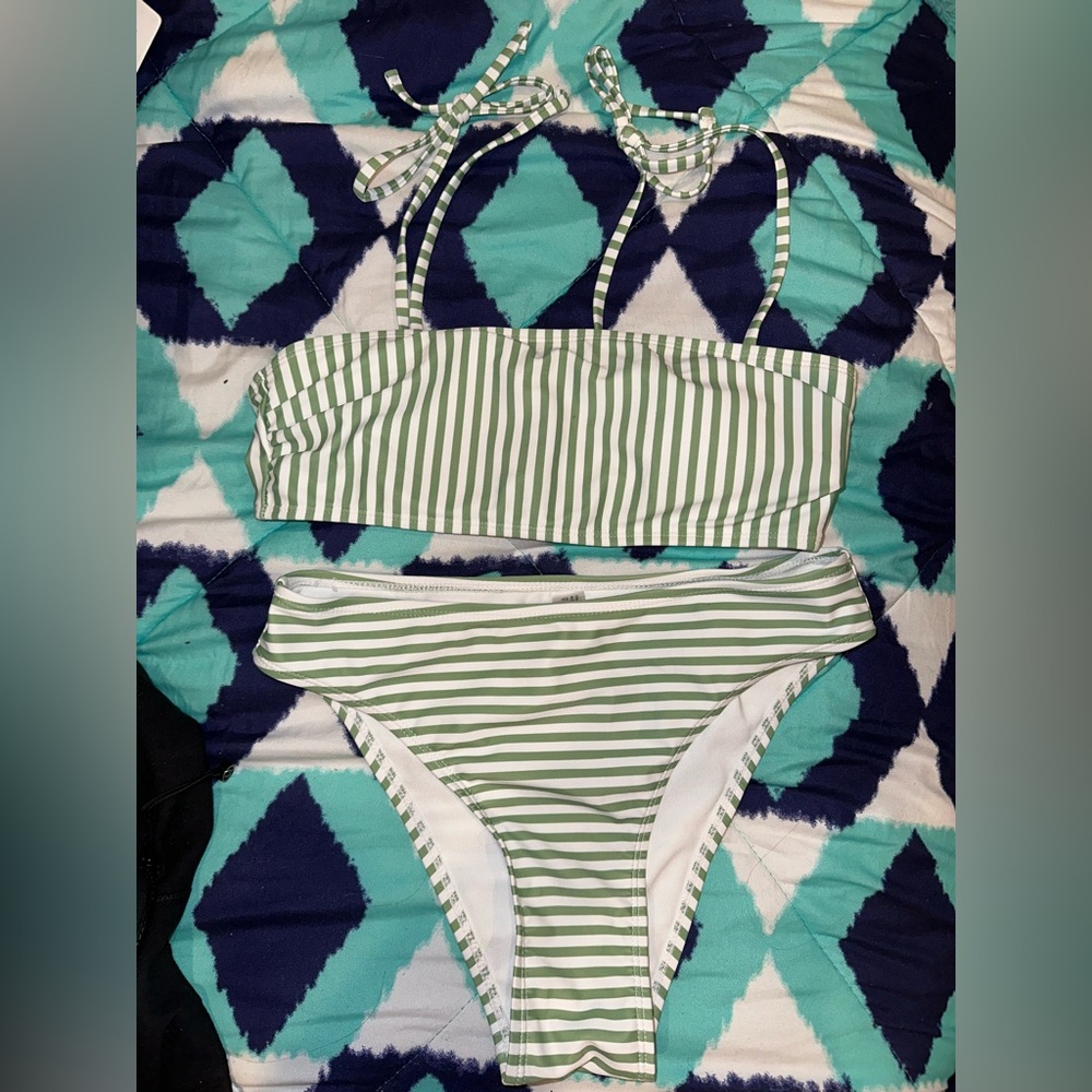 SHEIN Green and White Bikini Set with Striped Design